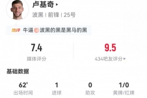 盧基奇本場3射2正進1球 13丟失球權+3解圍+13對抗10成功 獲7.4分配圖