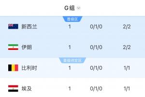 4隊1分!G組積分榜:四檔新西蘭居首!伊朗第2比利時第3埃及墊底配圖