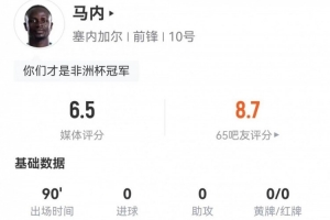 34歲馬內(nèi)本場(chǎng)1射+12丟失球權(quán) 10對(duì)抗5成功+3造犯規(guī) 獲評(píng)6.5分配圖